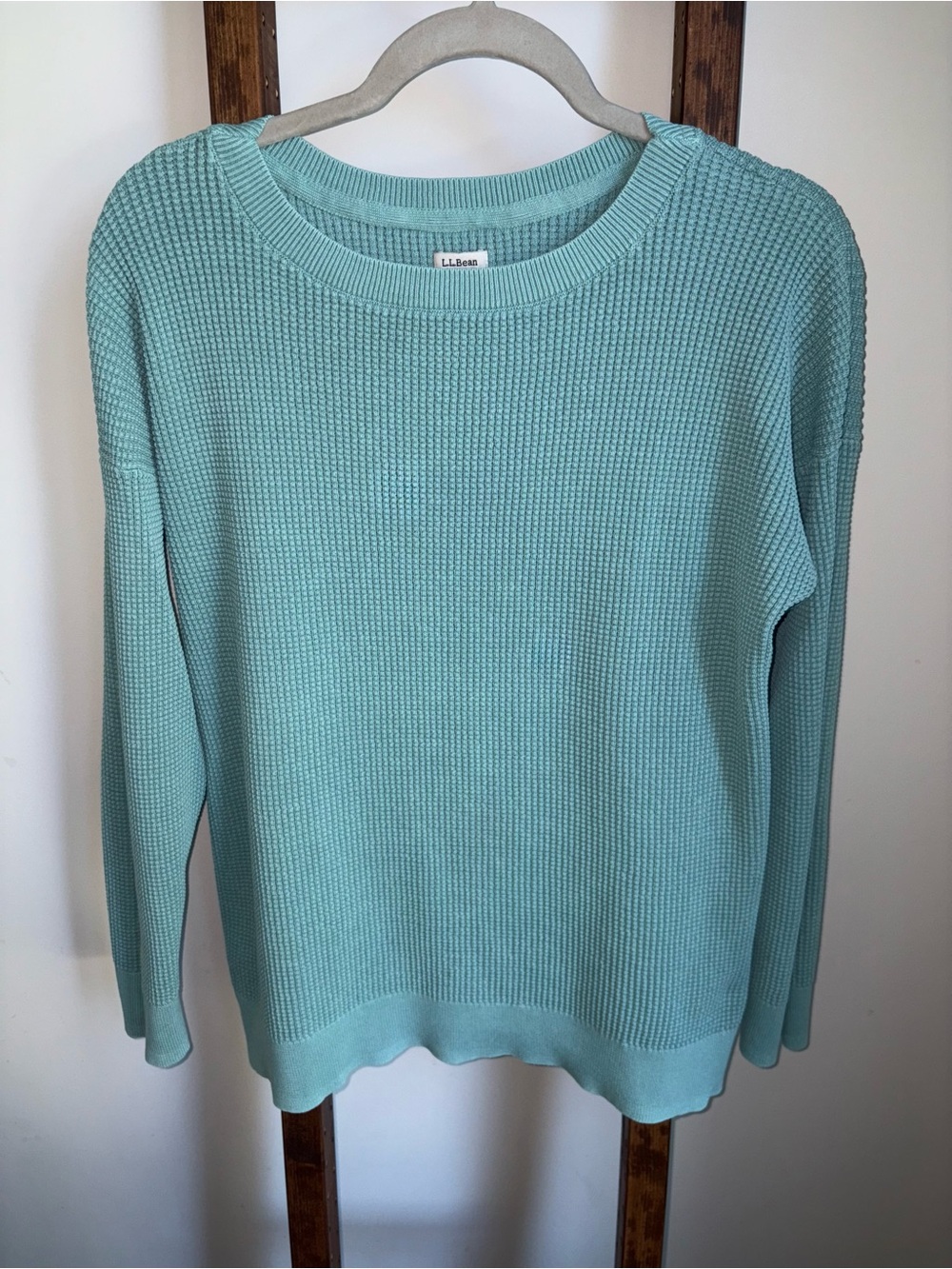 L.L. Bean Women's Sunwashed Waffle Open Neck Sweater Teal Size XL Coastal Cabin